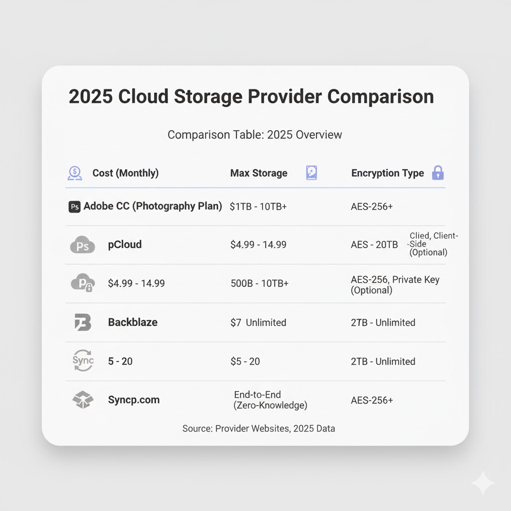  Infographic comparing 2025 cloud storage options for photographers
