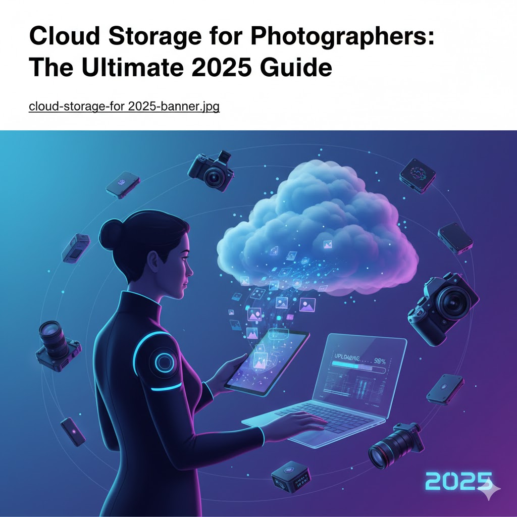 Photographer uploading digital photos to cloud storage with modern tech visuals, symbolizing online backup.