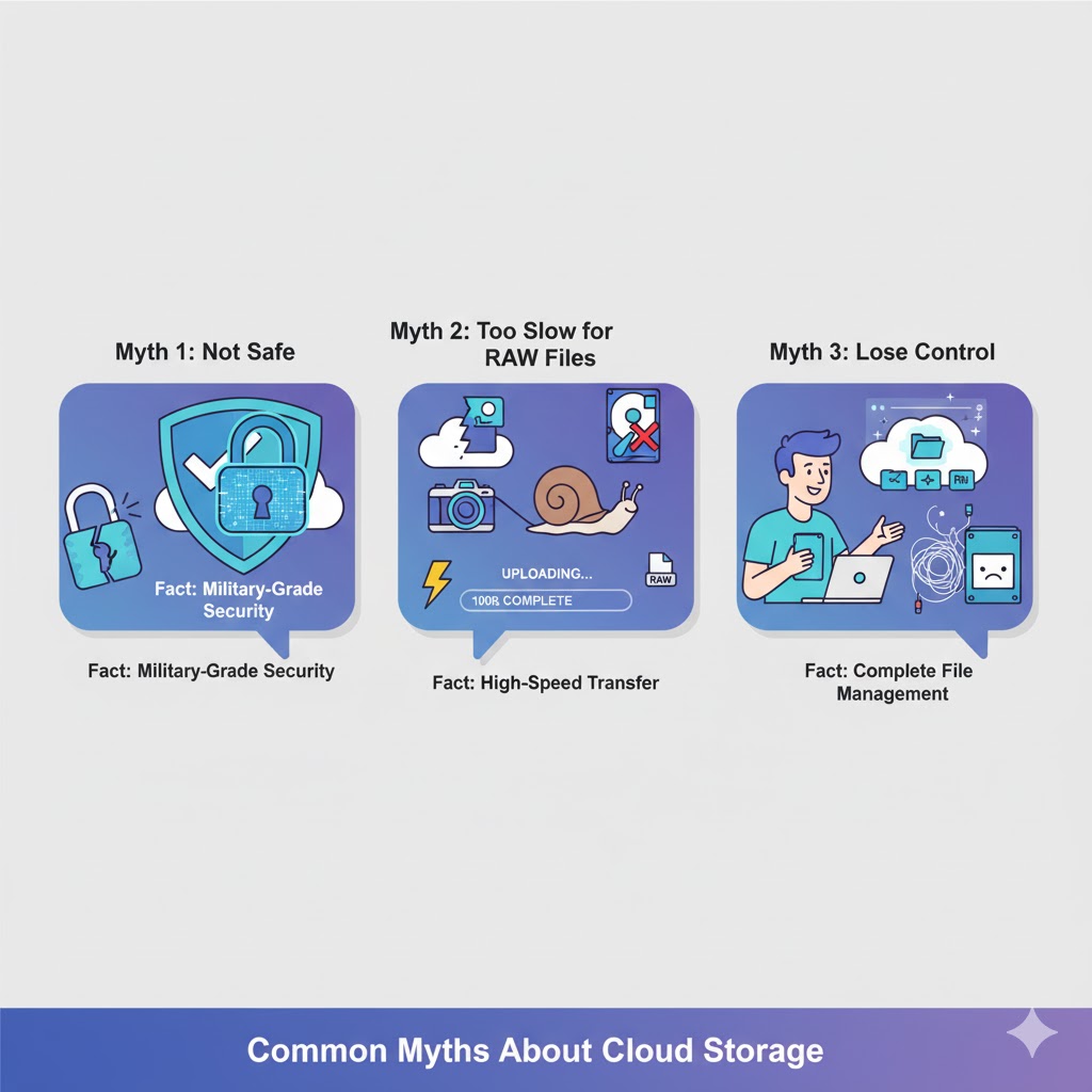  Illustration debunking common cloud storage myths for photographers