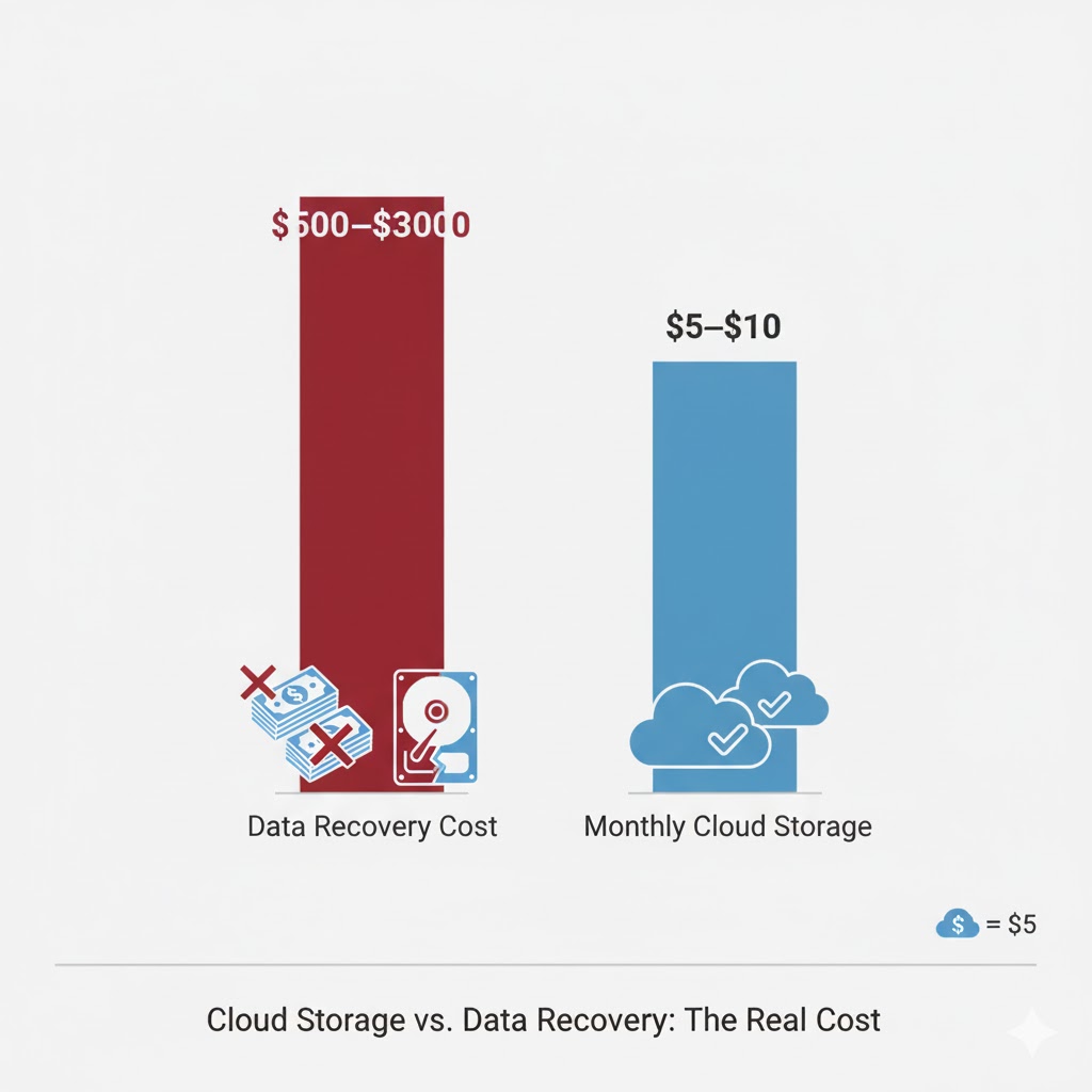 Bar chart showing cost savings of using cloud storage versus data recovery.