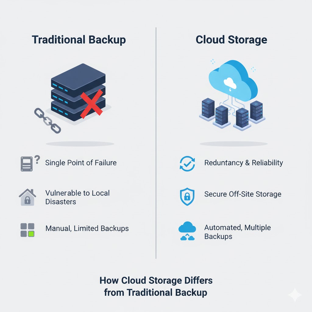 Visual comparison showing differences between local hard drive backup and secure cloud storage.