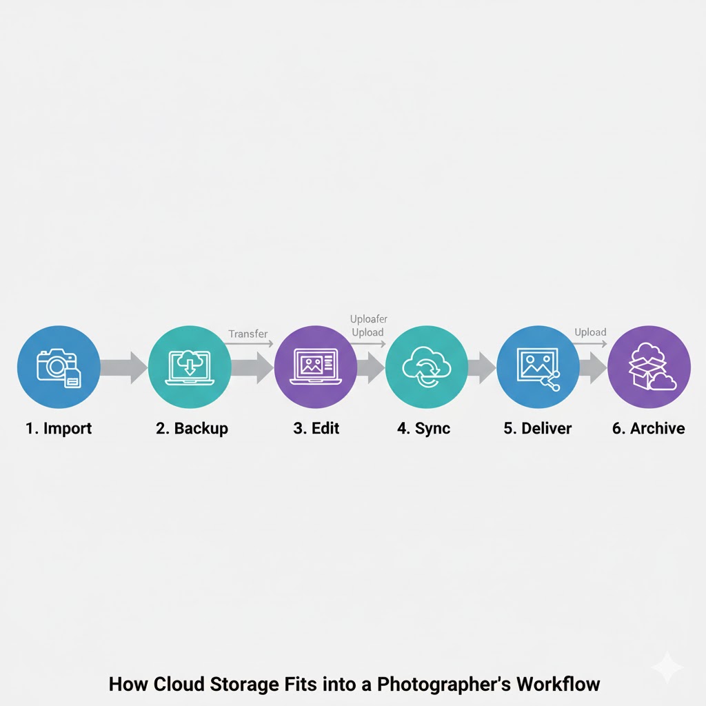 Diagram illustrating how cloud storage fits into a photographer’s workflow.