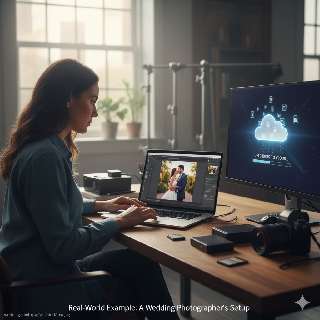 Photographer working with cloud upload for real-time backup of wedding photos.