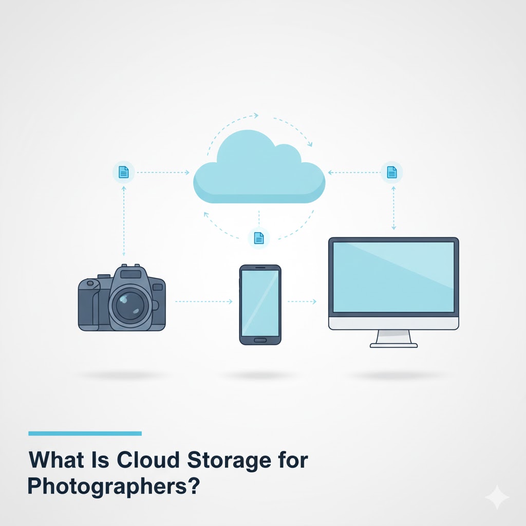 Illustration showing camera and devices connected to cloud storage through internet sync.