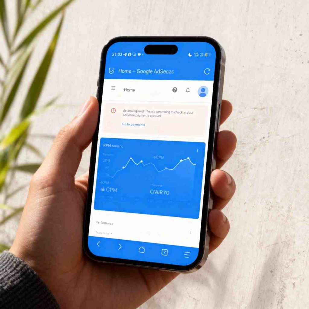 Google AdSense earnings dashboard screenshot with RPM and eCPM charts.